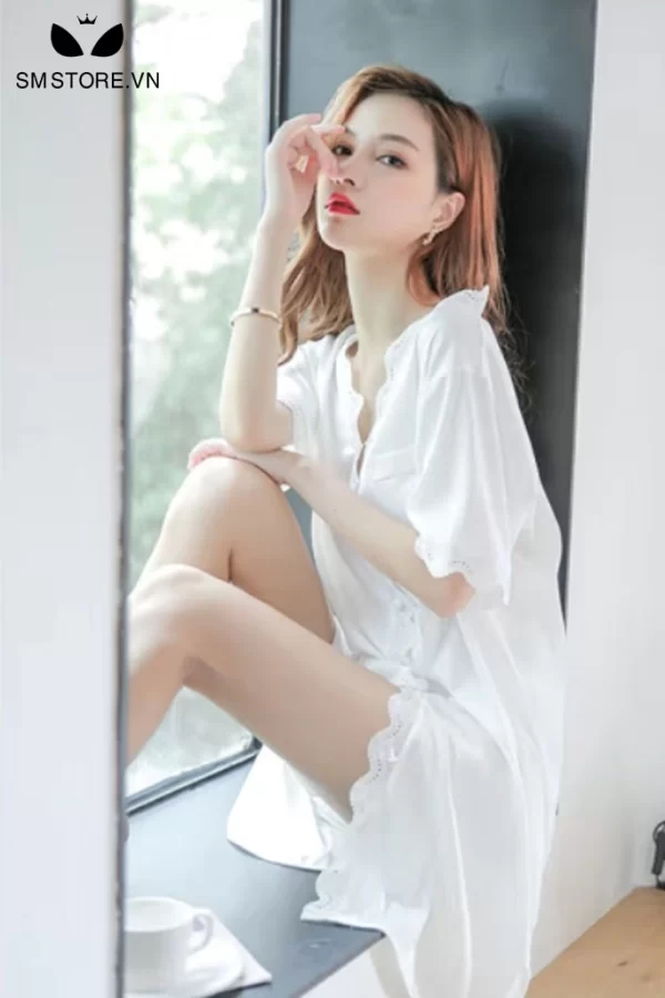 Xuyên thấu áo sơ mi trắng mặc ngủ vải mỏng dáng dài gợi cảm